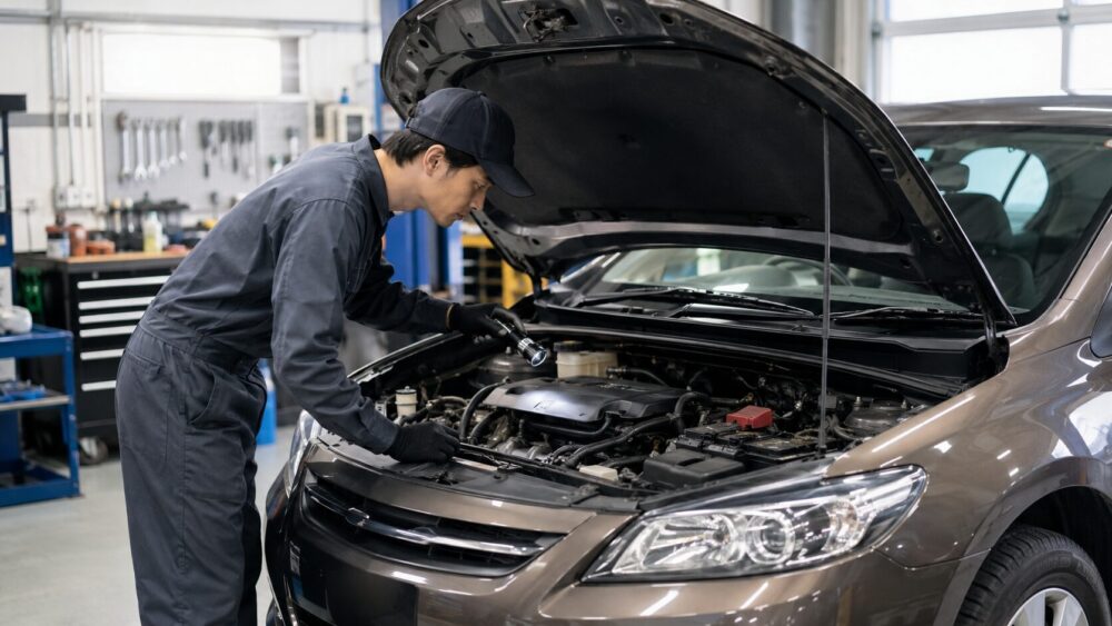 整備工場でボンネットを開け、油圧警告灯の原因を点検する自動車整備士