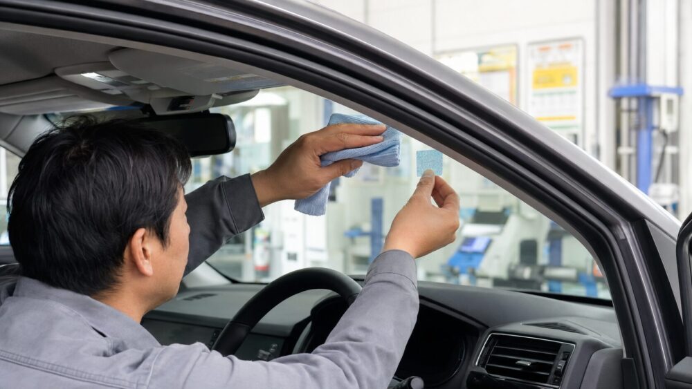 自動車整備士がフロントガラス内側を清掃し、車検シールを貼ろうとしている様子