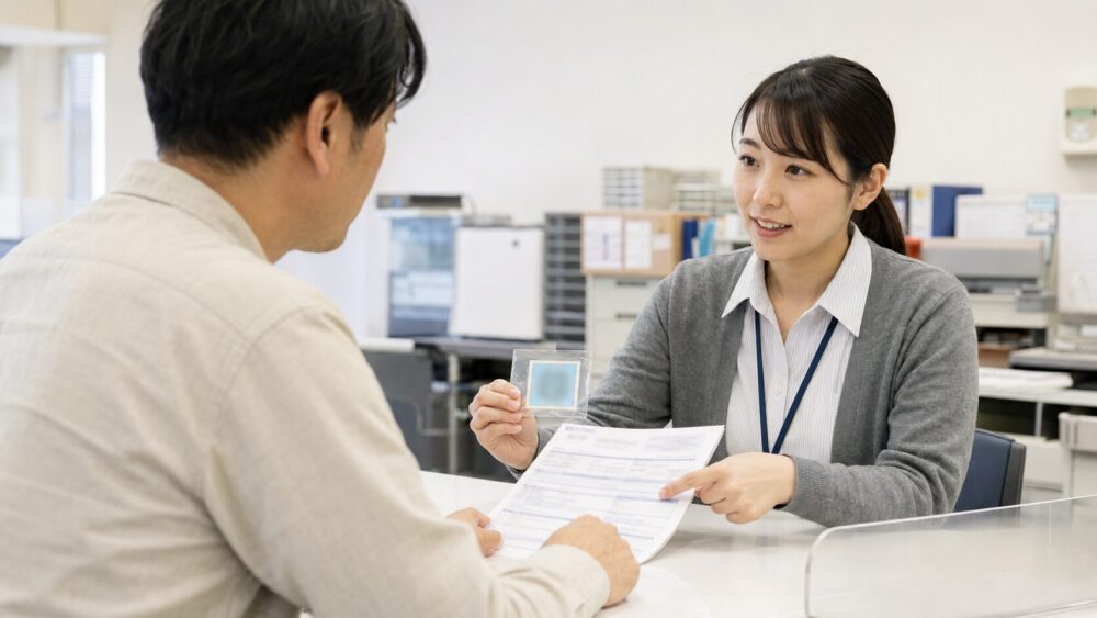 車検シールの紛失や破損について、窓口で再交付手続きを相談している様子