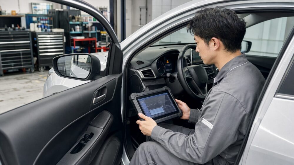 整備工場で自動車整備士が診断機器を使い、三角の警告表示の原因を確認している様子