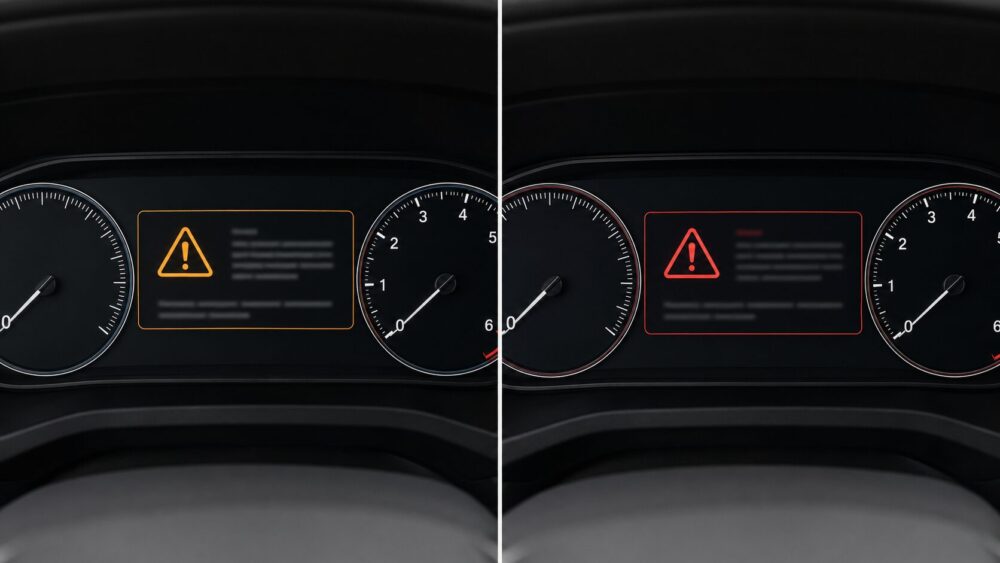 停車中の車のメーターに表示された黄色と赤色の三角ビックリマークを並べて比較した画像