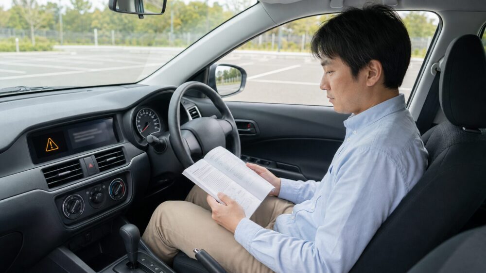 安全な駐車場所に停車した車内で、運転者が取扱説明書とメーターの警告表示を確認している様子