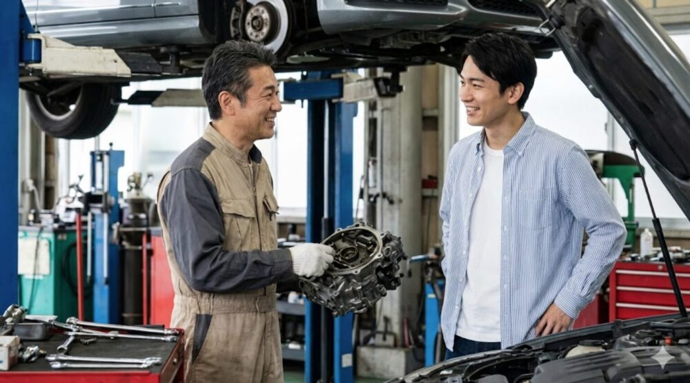 日本の自動車整備工場で、リフトアップされた欧州車の前で、エンジン部品を手にしながら笑顔で会話する整備士と車のオーナーの男性。