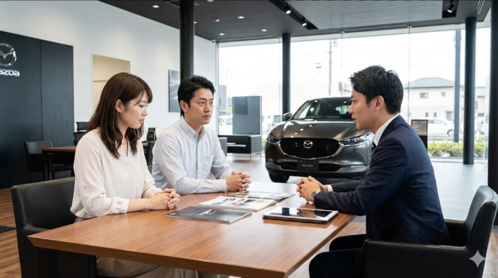 現代的で高級感のあるマツダのディーラー店舗内で、日本人の夫婦がセールスマンと対面し、真剣な表情で商談を行っている様子。