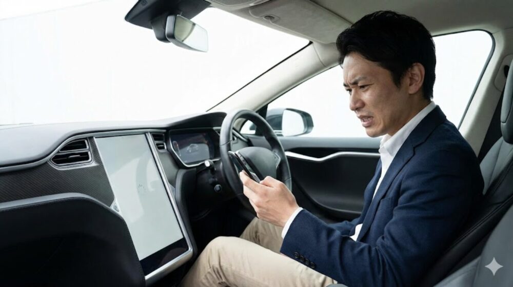テスラの運転席で、スマートフォンを見つめながら困惑し、不安そうな表情を浮かべる日本人の男性ドライバー。