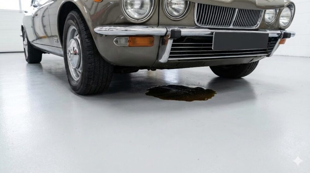 ガレージに駐車されたクラシックなジャガーの前部と、そのエンジンルーム直下の床に広がった黒いエンジンオイルの染み