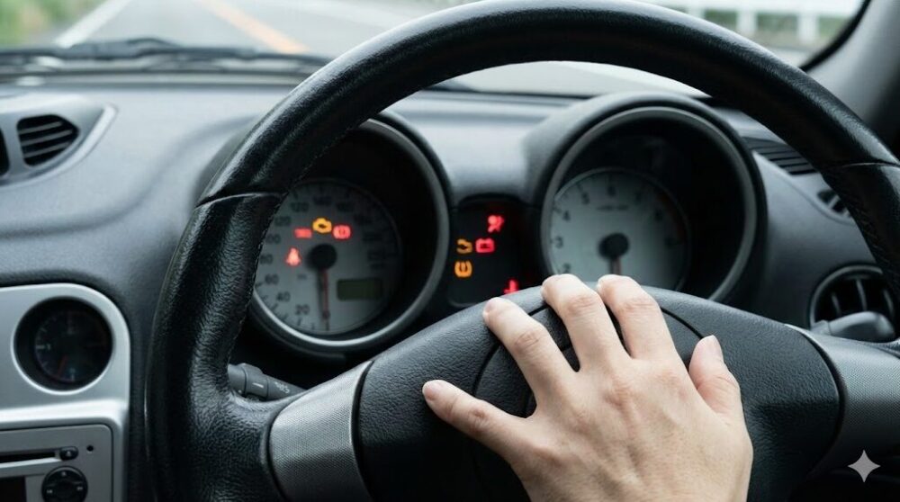 アルファロメオの運転席で、複数の警告灯が点灯しているダッシュボードと、不安そうにハンドルに手を置くドライバーの手