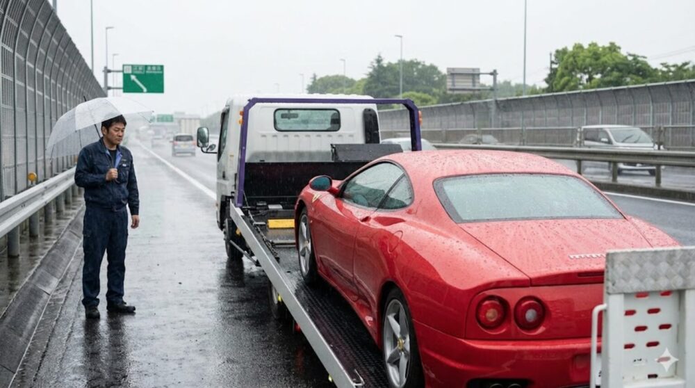 雨の降る日本の高速道路の路肩で、赤いイタリア製スポーツカーがレッカー車に積載されている様子。傘をさしたドライバーがその様子を見守っている。