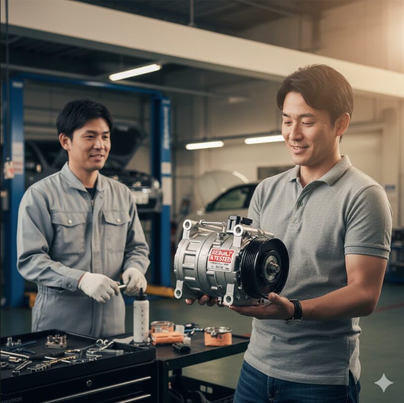 整備工場で、メカニックの隣でリビルト品のエアコンコンプレッサーを確認し、費用が抑えられて安堵する様子の日本人車のオーナー。