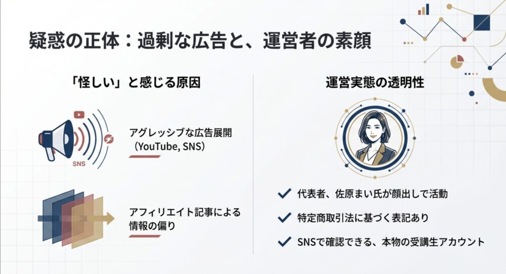 「怪しい」という噂の正体は過剰な広告露出にあること、そして運営者の佐原まい氏が顔出しで活動し透明性が高いことを示す図解。