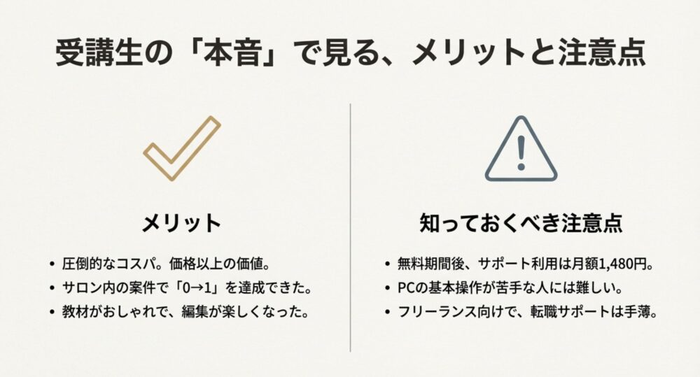 コスパの良さや案件獲得実績などのメリットと、サポート期間後の月額費用やPCスキルが必要といった注意点の比較リスト