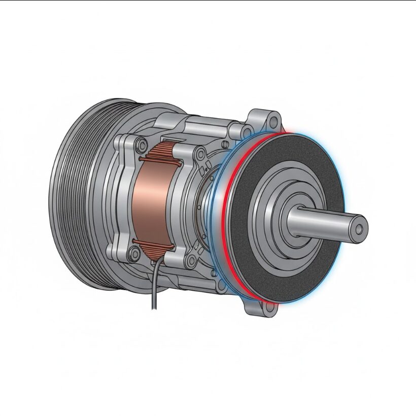 カーエアコンコンプレッサーのマグネットクラッチ部分の断面図。プーリーとハブの間にあるエアギャップが広がり、電磁石が動作不良を起こしている様子。