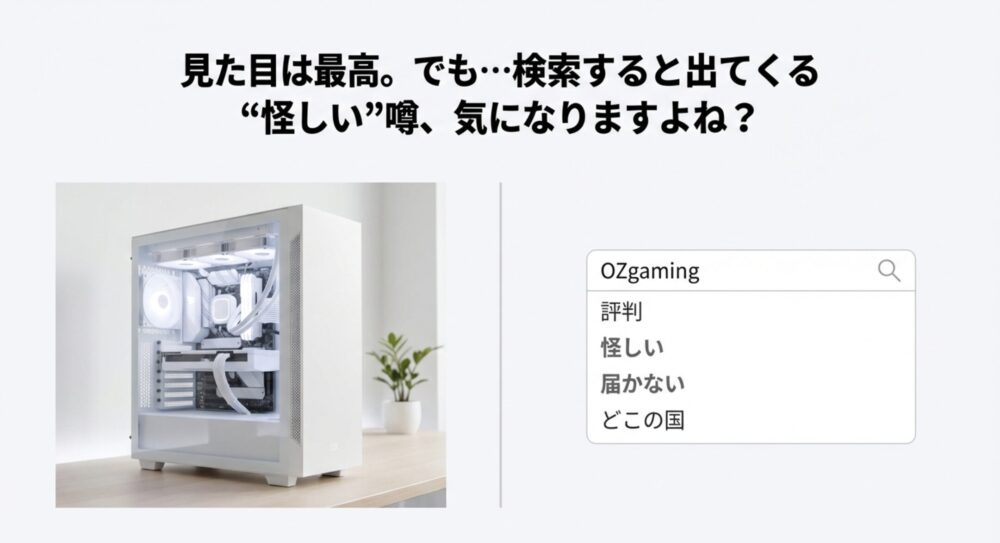 OZgamingの白いゲーミングPCの画像。キャッチコピー「見た目は最高。でも検索すると出てくる怪しい噂、気になりますよね？」