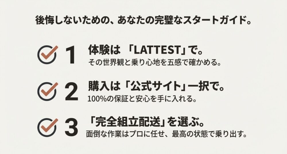 MOVE X購入のチェックリスト。1.LATTESTで体験、2.公式サイトで購入、3.完全組立配送を選ぶ、という3つのステップ。