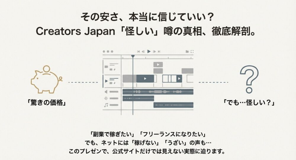 動画編集ソフトの画面と「驚きの価格」「でも怪しい？」という疑問符が描かれた、クリエイターズジャパンの検証記事の表紙スライド