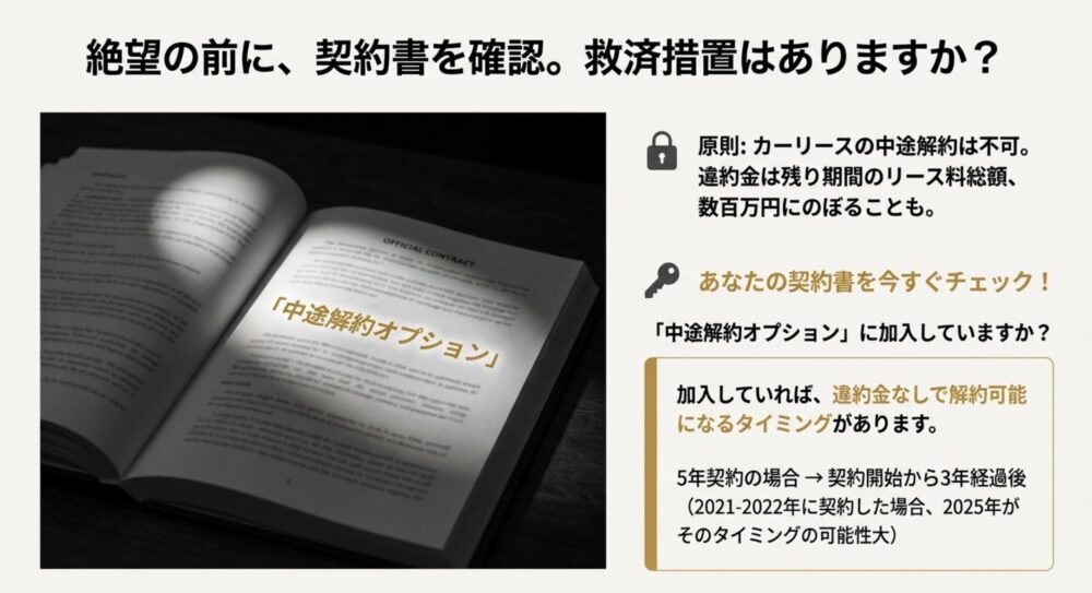 中途解約オプションに加入している場合、5年契約なら契約開始から3年経過後に違約金なしで解約可能になることを示すイメージ画像。