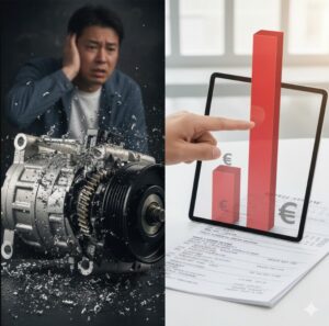 車のエアコンコンプレッサーの故障を警告するアイキャッチ画像。半分は破損したコンプレッサーのクローズアップ、もう半分は高額な修理費用の見積もりを見せる整備士。