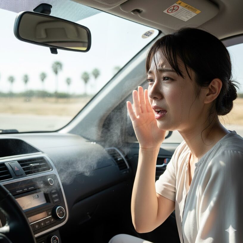 猛暑日に車内でエアコンの送風口から出る生ぬるい風に不満そうな表情の日本人女性ドライバー。コンプレッサー圧縮不良の症状を示唆。