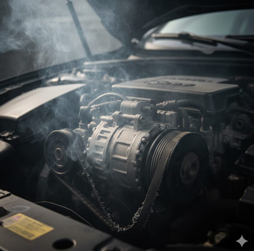 エアコンコンプレッサーの焼き付きにより、ファンベルトが滑って焦げ、エンジンルームから白煙が上がっている車の様子。緊急停止が必要な危険な状態。