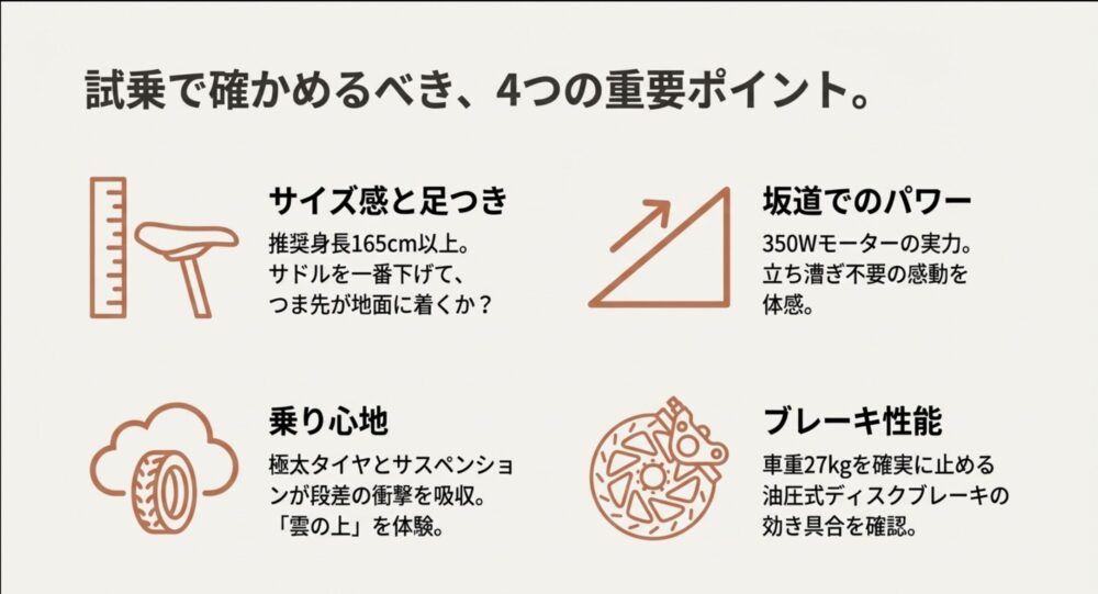 試乗時のチェックポイント図解。サイズ感(足つき)、坂道でのパワー、乗り心地(極太タイヤ)、ブレーキ性能の4点。