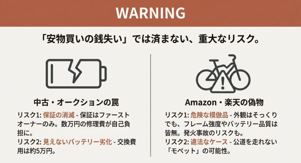 中古・オークション購入のリスク警告。保証の消滅、バッテリー劣化、Amazon・楽天の偽物やモペットに関する注意喚起。