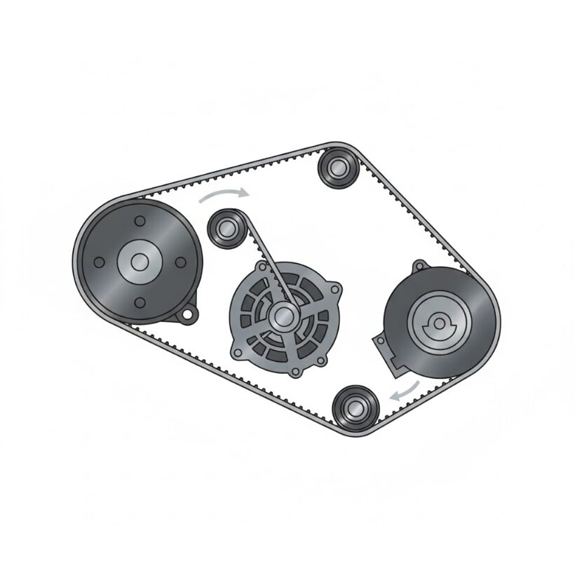 車のエンジンルーム内のサーペンタインベルトシステムの簡略図。コンプレッサー、オルタネーター、ウォーターポンプが1本のベルトで駆動されている構造。