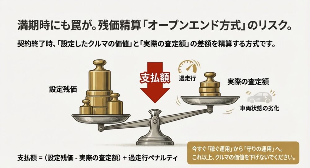 設定残価に対して、過走行や車両劣化により実際の査定額が下がり、差額支払い（精算金）が発生する仕組みを表した天秤のイラスト。