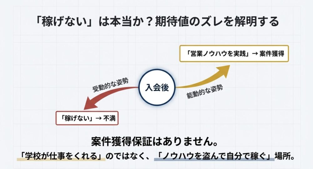 「稼げない」原因はスクールへの依存心にあるとし、ノウハウを盗んで自ら案件を獲得する能動的な姿勢の重要性を説く比較図