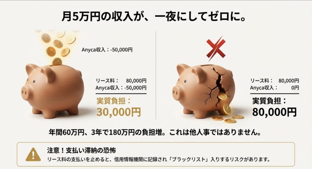 Anyca収入が月5万円から0円になり、リース料の実質負担が3万円から8万円に激増した様子を示す比較画像。貯金箱が割れているイラストで家計へのダメージを表現。