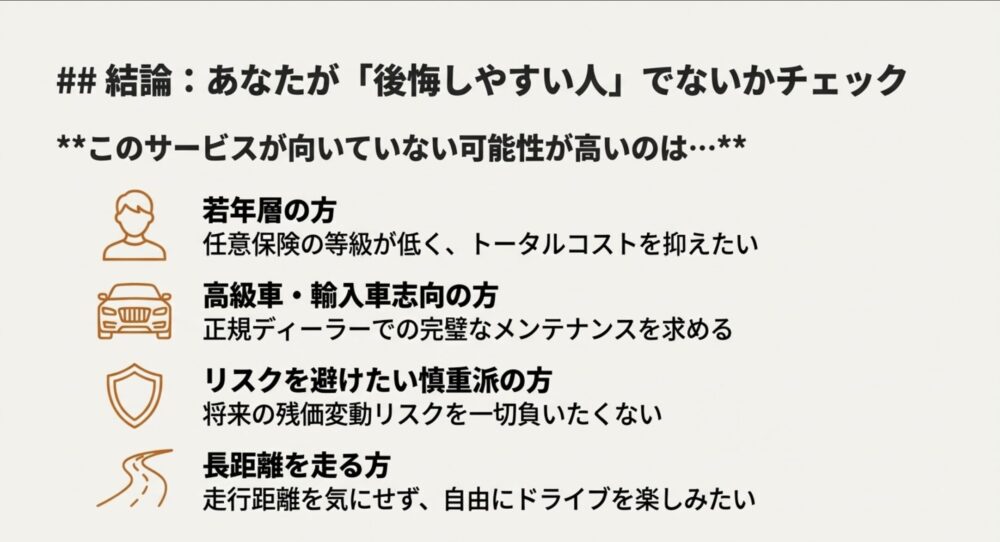 若年層、高級車志向、リスク回避派、長距離走行派など、このサービスが向いていない人の特徴リスト