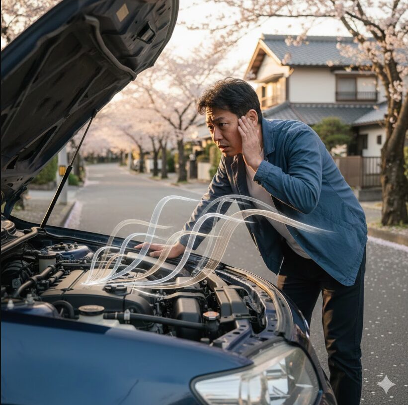 異音に耳を傾ける日本人男性。車のエンジンルームから「ガラガラ」という機械的な異音が聞こえ、エアコンコンプレッサーの故障を疑っている様子。