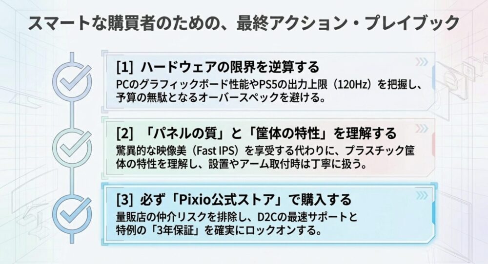 ハードウェアの限界把握、筐体特性の理解、公式ストアでの購入という3つの最終アクションを示すプレイブック
