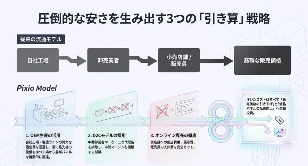 PixioがOEM生産、D2Cモデル、オンライン専売を徹底することで中間コストを削減し、価格と品質に還元していることを示すビジネスモデルの図解