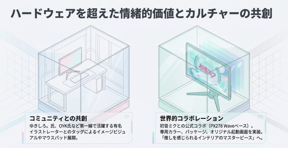初音ミクや有名イラストレーターとの公式コラボレーションによる情緒的価値の提供を示す図解