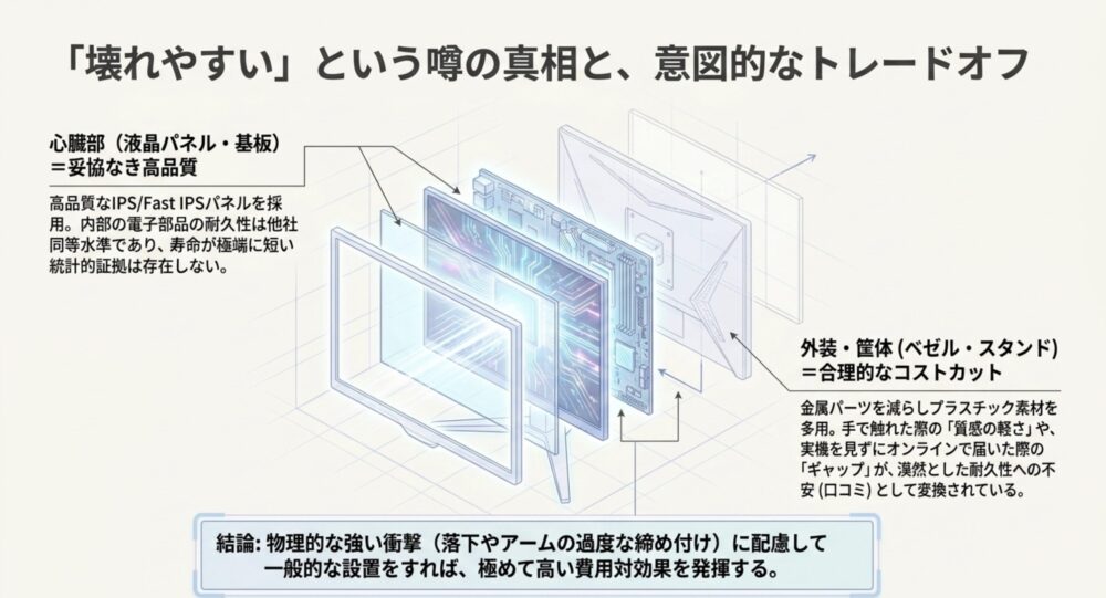 Pixioモニターの液晶パネルや基板は高品質だが、外装のプラスチック素材で合理的なコストカットをしていることを示す図解