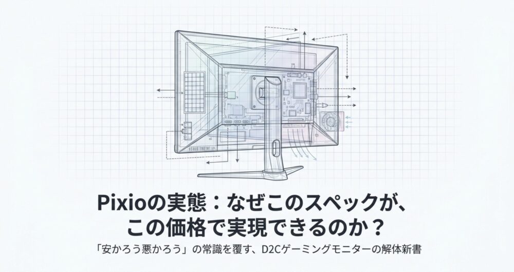 Pixioのゲーミングモニターの内部構造を示すイラストと「安かろう悪かろうの常識を覆す」というキャッチコピー