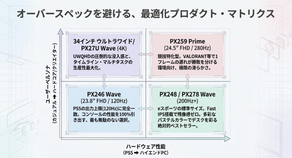 用途やハードウェアに合わせて、PX27U Wave、PX259 Prime、PX246 Wave、PX248/278 Waveなどの最適モデルを示すマトリクス図