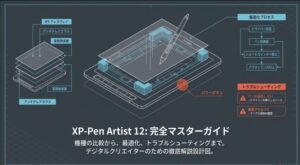 XP-Pen Artist 12の機種比較、最適化、トラブルシューティングを解説する完全マスターガイドの表紙画像。