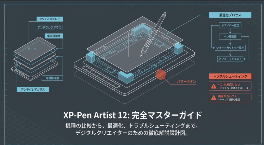 XP-Pen Artist 12の機種比較、最適化、トラブルシューティングを解説する完全マスターガイドの表紙画像。