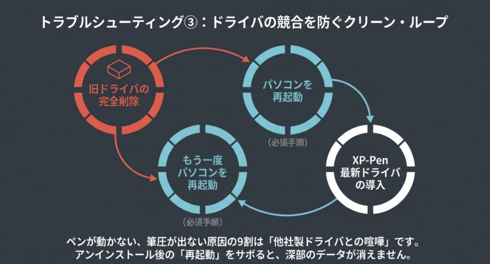 古いドライバの削除、再起動、最新ドライバ導入の正しい順序を示すクリーンインストール・フローチャート。
