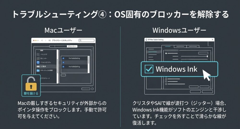 Macのセキュリティ設定解除と、Windowsでの線が波打つ問題を解決するWindows Inkのオンオフ設定画面の解説。