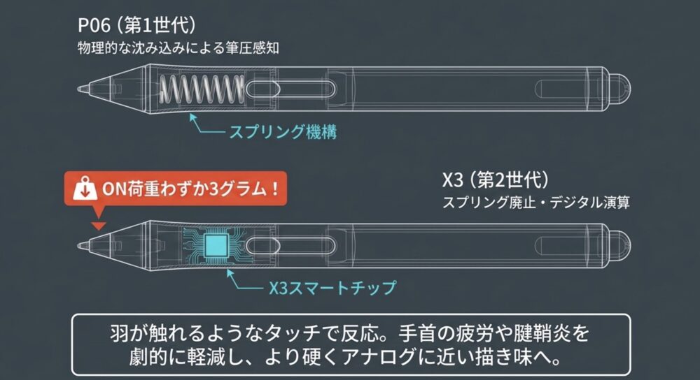 スプリング機構を持つP06ペンと、デジタル演算でON荷重3gを実現したX3スマートチップ内蔵ペンの比較解説。