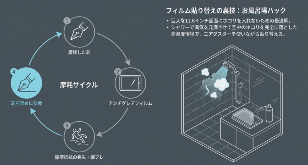 ペン芯の摩耗サイクルと、ホコリの混入を防ぐための浴室でのフィルム貼り替え手順の紹介。