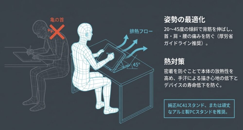スタンドによる傾斜で正しい姿勢を保つ方法と、放熱効果によるデバイス保護のメリットを説明する図解。