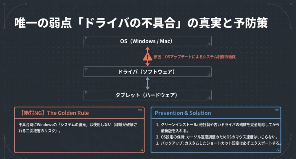 ドライバ不具合の主な原因がOSアップデートとの衝突であること、システムの復元を避けるべきことなどの予防策を解説した図。