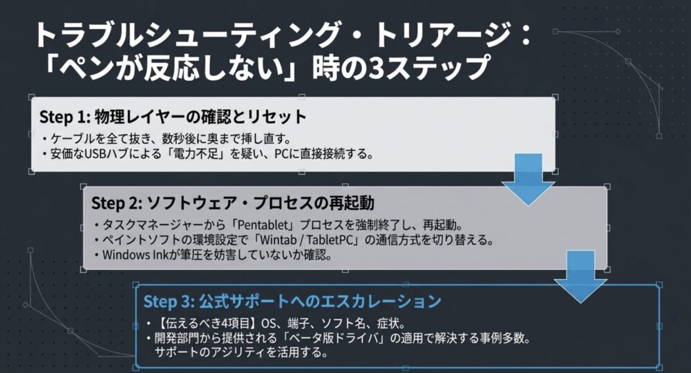 ペンが反応しない際に自力で行うべき、物理接続の確認、ソフトウェアの再起動、公式サポートへの連絡という3つの手順。