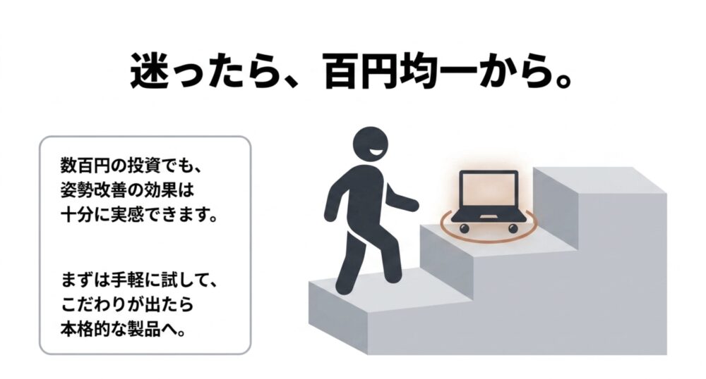 階段を上る人物のアイコンとノートパソコンのイラスト。 「迷ったら、百円均一から。」というテキストとともに、数百円の投資でも姿勢改善の効果を実感でき、こだわりが出たら本格的な製品へ移行するステップアップが推奨されています。