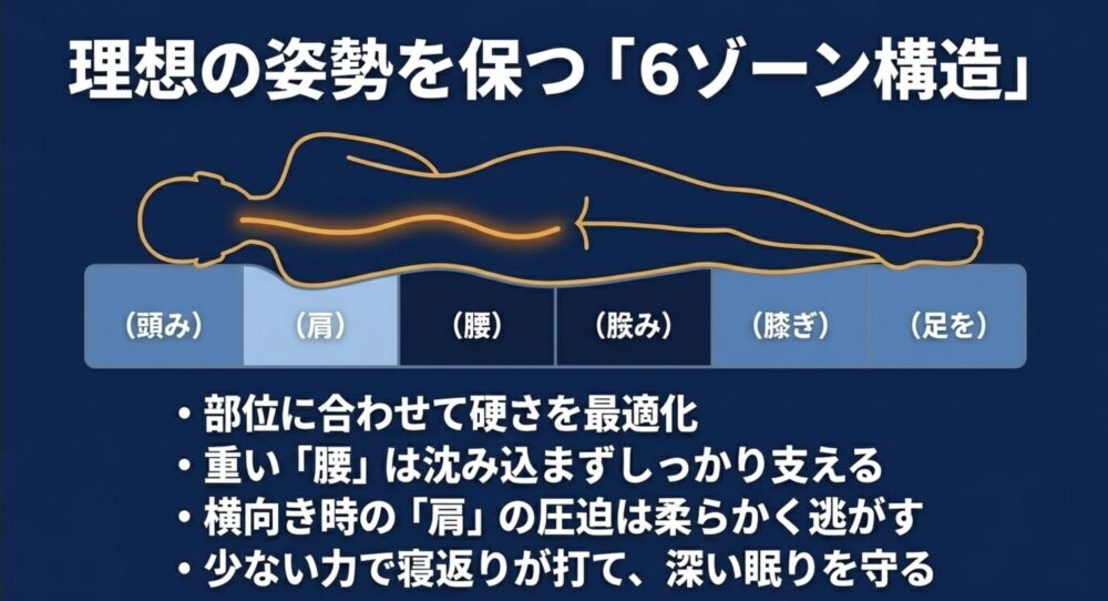 頭・肩・腰・股・膝・足の部位に合わせて硬さを最適化し、理想の寝姿勢とスムーズな寝返りをサポートする構造図。