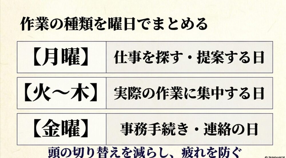 作業の種類を曜日でまとめる。月曜は仕事を探す・提案する日、火~木は実際の作業に集中する日、金曜は事務手続き・連絡の日。頭の切り替えを減らし、疲れを防ぐ