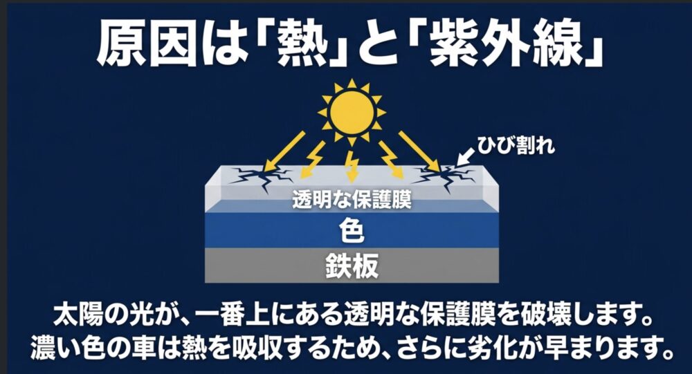 車の屋根の塗装の透明な保護膜が、太陽光の熱と紫外線によって破壊され、ひび割れや剥がれを起こす原因を図解したスライド